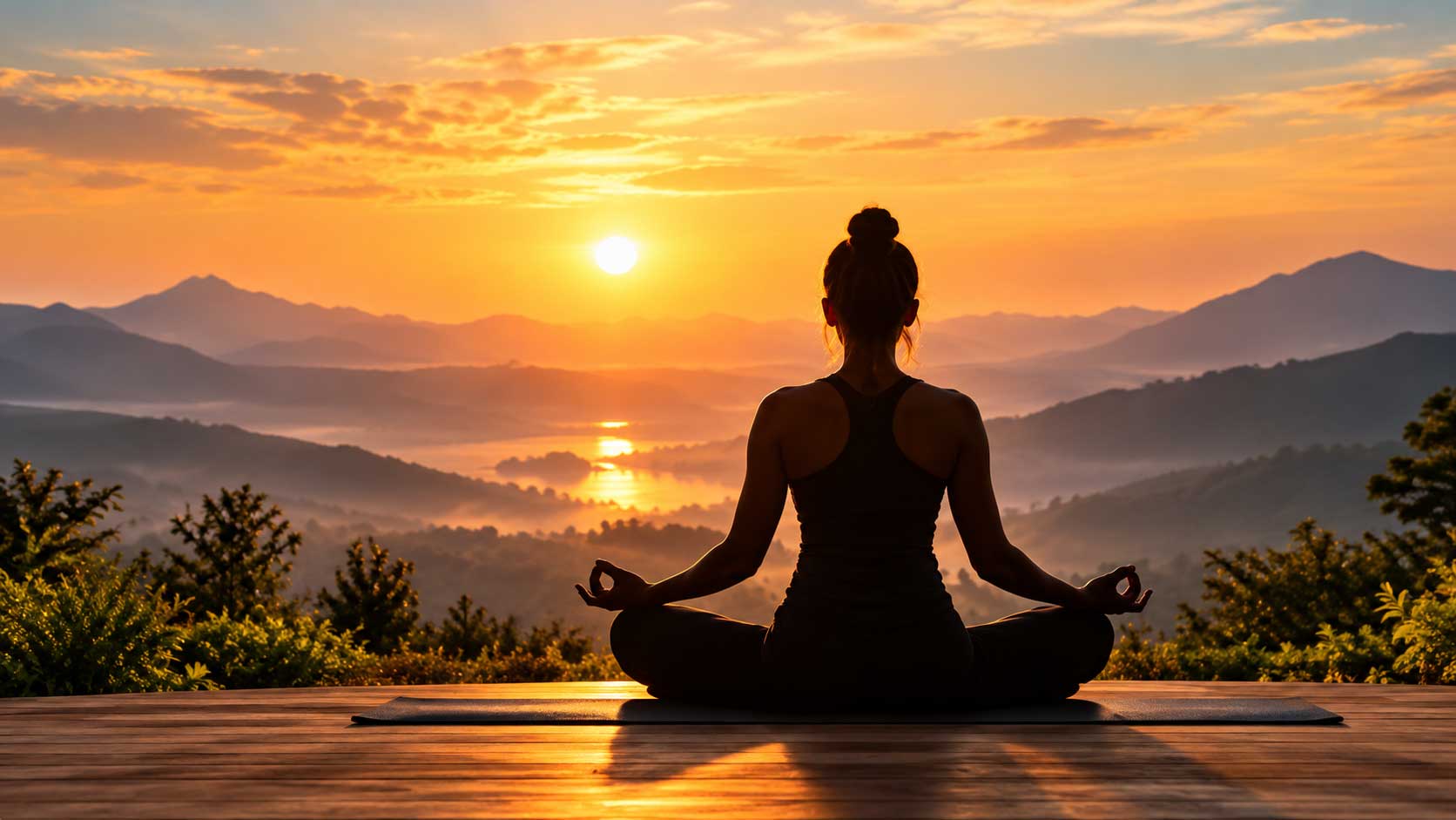 Meditation at sunrise over the mountains